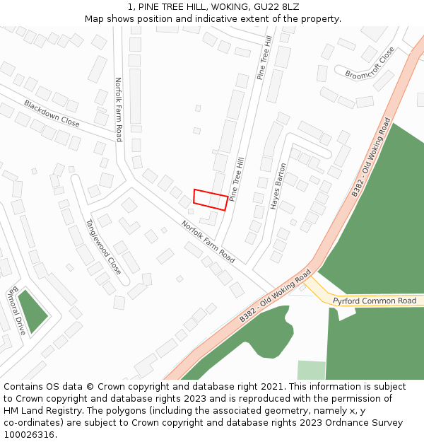 1, PINE TREE HILL, WOKING, GU22 8LZ: Location map and indicative extent of plot