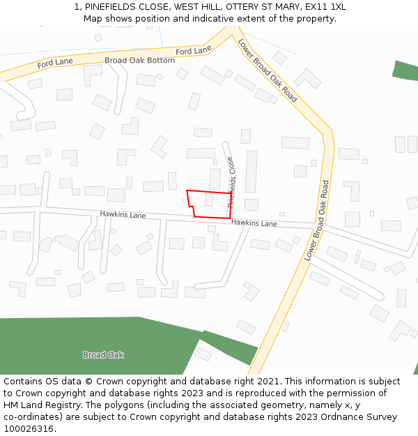 1, PINEFIELDS CLOSE, WEST HILL, OTTERY ST MARY, EX11 1XL: Location map and indicative extent of plot