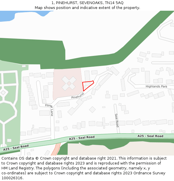 1, PINEHURST, SEVENOAKS, TN14 5AQ: Location map and indicative extent of plot