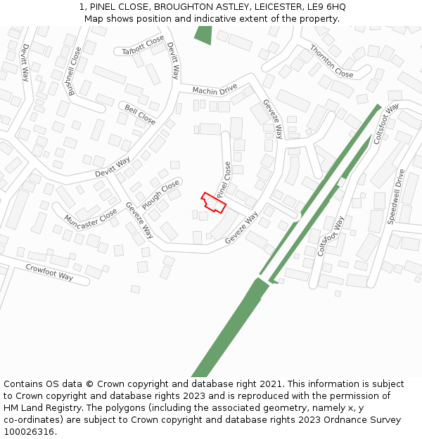 1, PINEL CLOSE, BROUGHTON ASTLEY, LEICESTER, LE9 6HQ: Location map and indicative extent of plot