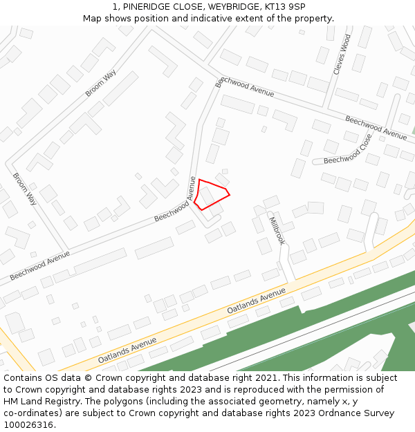1, PINERIDGE CLOSE, WEYBRIDGE, KT13 9SP: Location map and indicative extent of plot