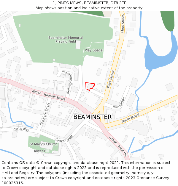 1, PINES MEWS, BEAMINSTER, DT8 3EF: Location map and indicative extent of plot