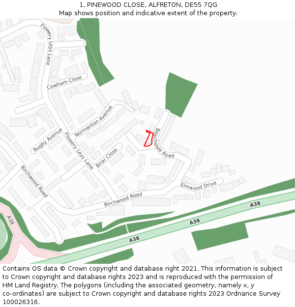 1, PINEWOOD CLOSE, ALFRETON, DE55 7QG: Location map and indicative extent of plot