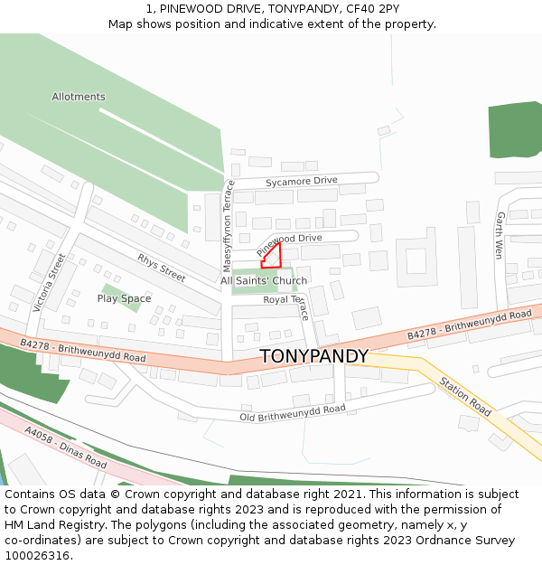 1, PINEWOOD DRIVE, TONYPANDY, CF40 2PY: Location map and indicative extent of plot