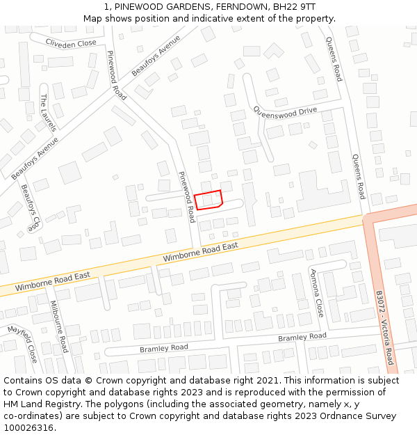 1, PINEWOOD GARDENS, FERNDOWN, BH22 9TT: Location map and indicative extent of plot