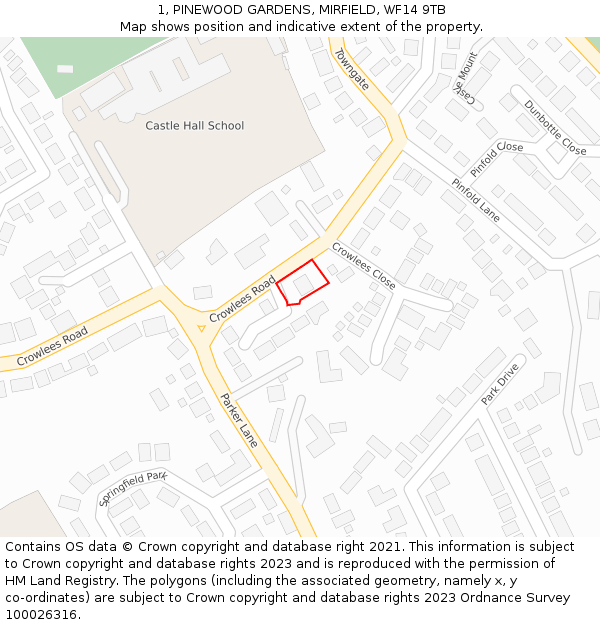 1, PINEWOOD GARDENS, MIRFIELD, WF14 9TB: Location map and indicative extent of plot