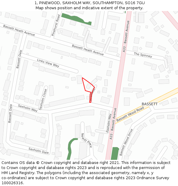 1, PINEWOOD, SAXHOLM WAY, SOUTHAMPTON, SO16 7GU: Location map and indicative extent of plot