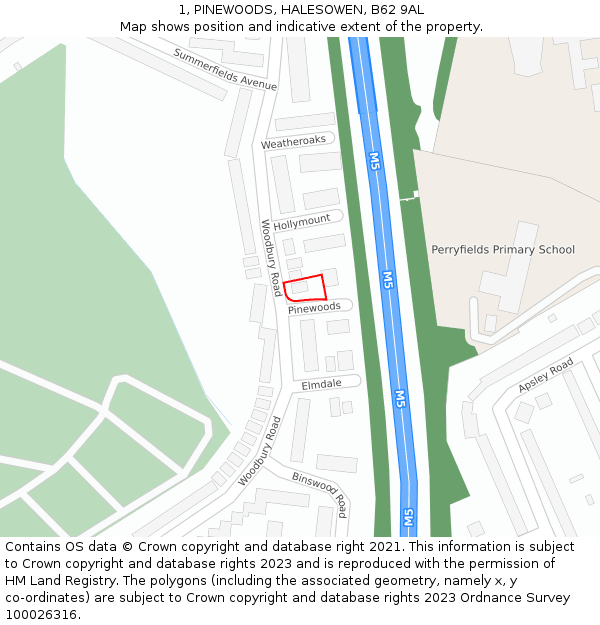 1, PINEWOODS, HALESOWEN, B62 9AL: Location map and indicative extent of plot