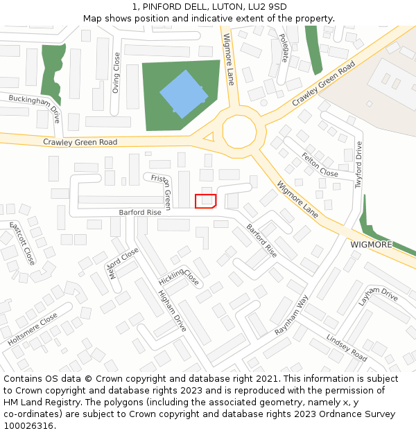 1, PINFORD DELL, LUTON, LU2 9SD: Location map and indicative extent of plot