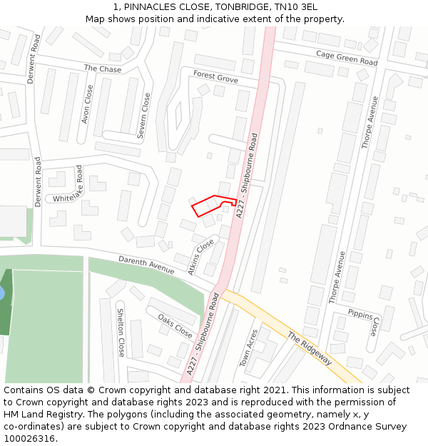 1, PINNACLES CLOSE, TONBRIDGE, TN10 3EL: Location map and indicative extent of plot