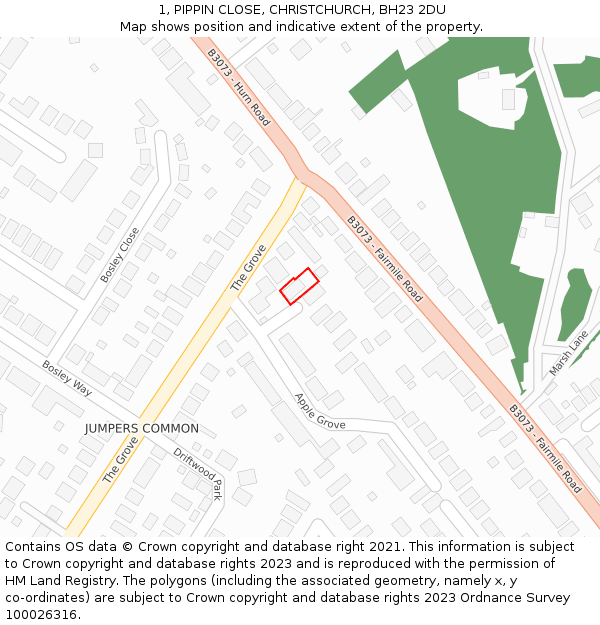 1, PIPPIN CLOSE, CHRISTCHURCH, BH23 2DU: Location map and indicative extent of plot
