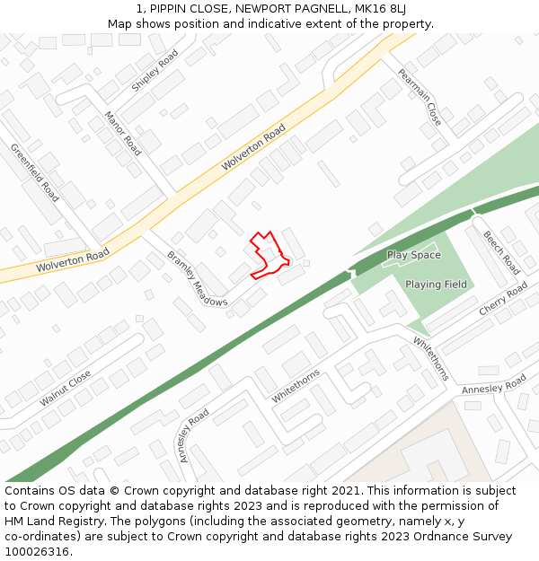 1, PIPPIN CLOSE, NEWPORT PAGNELL, MK16 8LJ: Location map and indicative extent of plot