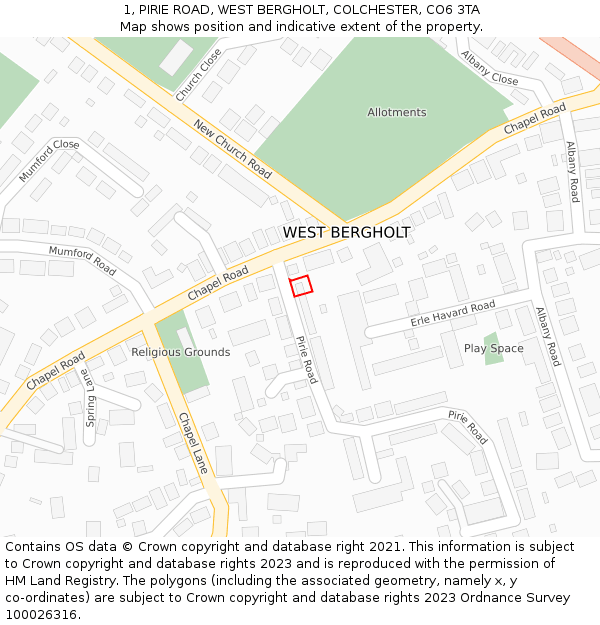 1, PIRIE ROAD, WEST BERGHOLT, COLCHESTER, CO6 3TA: Location map and indicative extent of plot