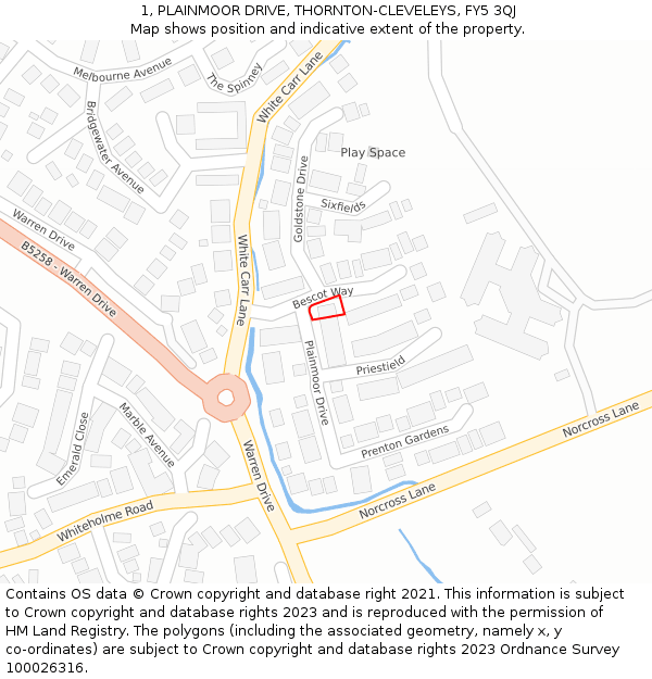 1, PLAINMOOR DRIVE, THORNTON-CLEVELEYS, FY5 3QJ: Location map and indicative extent of plot