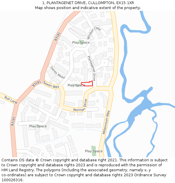 1, PLANTAGENET DRIVE, CULLOMPTON, EX15 1XR: Location map and indicative extent of plot