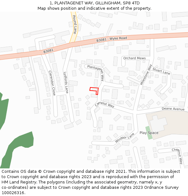 1, PLANTAGENET WAY, GILLINGHAM, SP8 4TD: Location map and indicative extent of plot