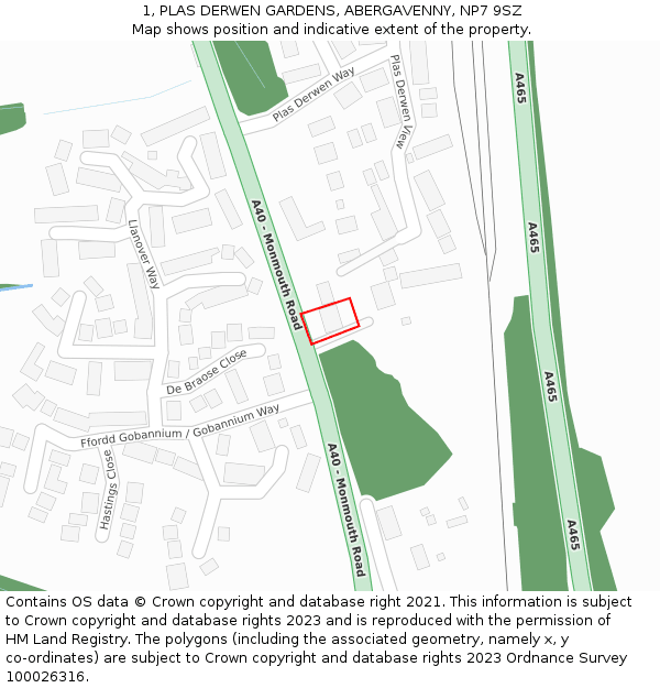 1, PLAS DERWEN GARDENS, ABERGAVENNY, NP7 9SZ: Location map and indicative extent of plot