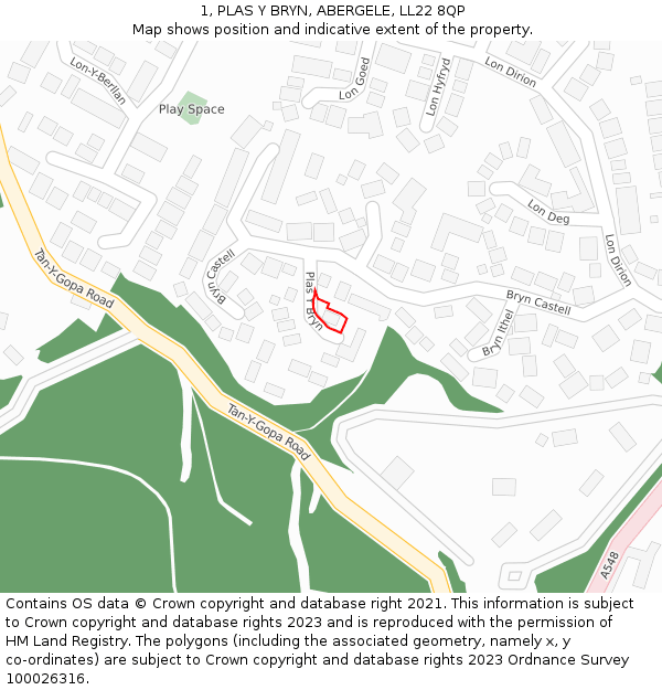 1, PLAS Y BRYN, ABERGELE, LL22 8QP: Location map and indicative extent of plot