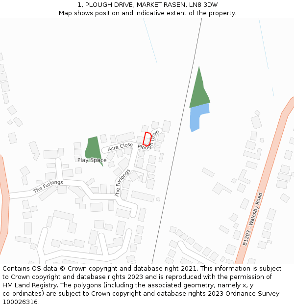 1, PLOUGH DRIVE, MARKET RASEN, LN8 3DW: Location map and indicative extent of plot