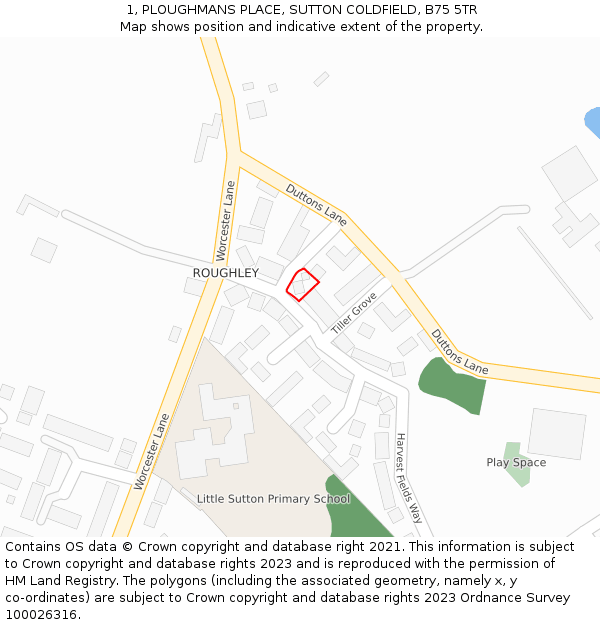 1, PLOUGHMANS PLACE, SUTTON COLDFIELD, B75 5TR: Location map and indicative extent of plot