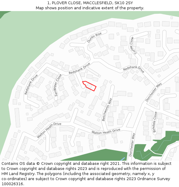 1, PLOVER CLOSE, MACCLESFIELD, SK10 2SY: Location map and indicative extent of plot