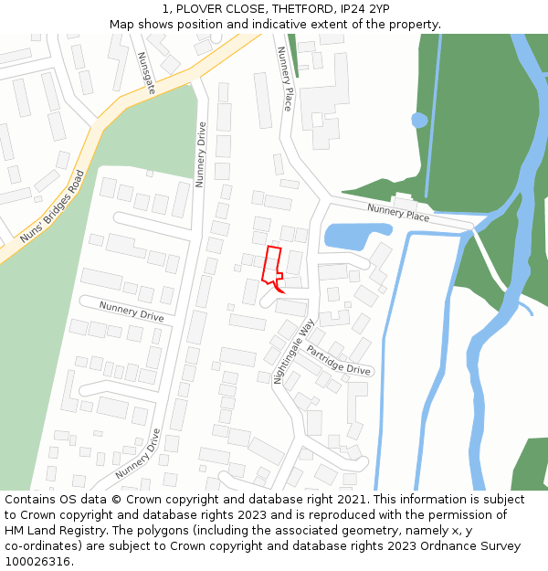 1, PLOVER CLOSE, THETFORD, IP24 2YP: Location map and indicative extent of plot