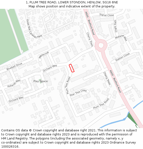 1, PLUM TREE ROAD, LOWER STONDON, HENLOW, SG16 6NE: Location map and indicative extent of plot