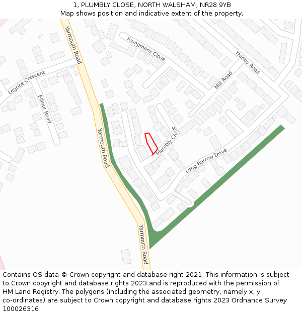 1, PLUMBLY CLOSE, NORTH WALSHAM, NR28 9YB: Location map and indicative extent of plot