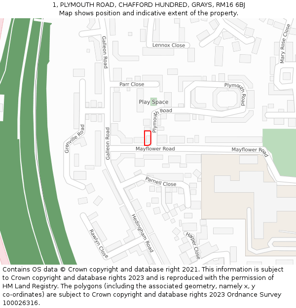 1, PLYMOUTH ROAD, CHAFFORD HUNDRED, GRAYS, RM16 6BJ: Location map and indicative extent of plot