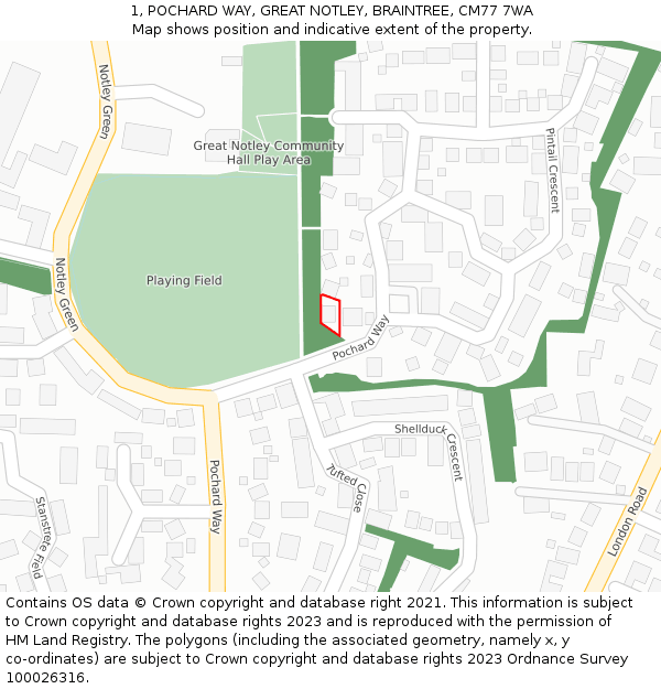 1, POCHARD WAY, GREAT NOTLEY, BRAINTREE, CM77 7WA: Location map and indicative extent of plot