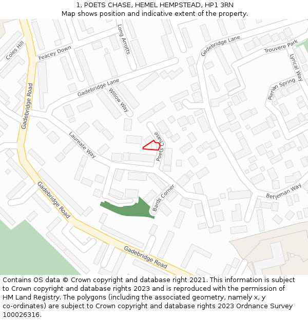 1, POETS CHASE, HEMEL HEMPSTEAD, HP1 3RN: Location map and indicative extent of plot