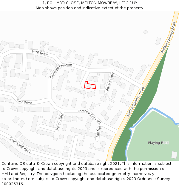 1, POLLARD CLOSE, MELTON MOWBRAY, LE13 1UY: Location map and indicative extent of plot