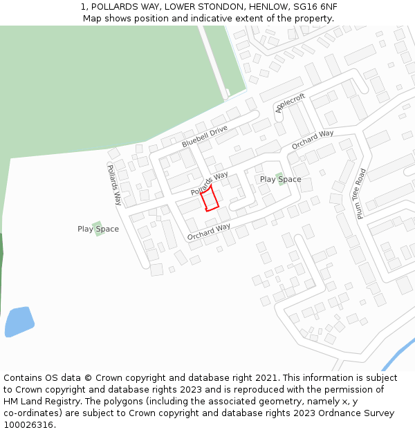 1, POLLARDS WAY, LOWER STONDON, HENLOW, SG16 6NF: Location map and indicative extent of plot