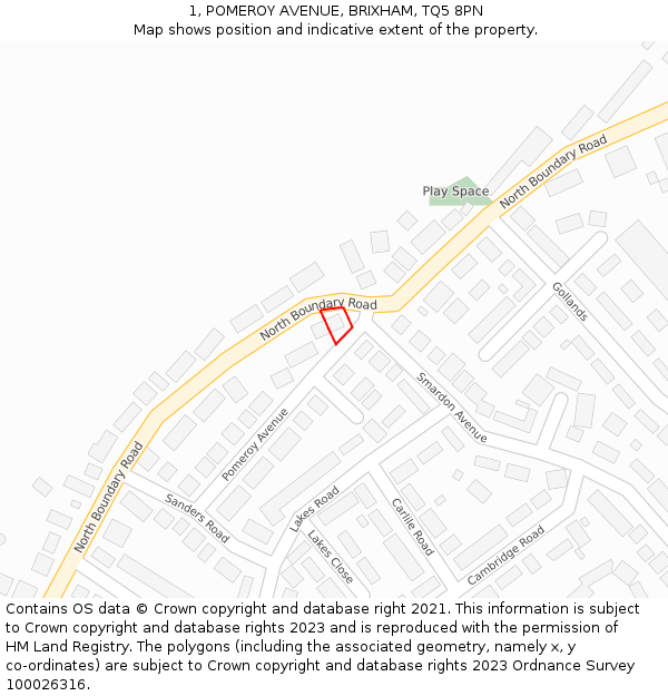 1, POMEROY AVENUE, BRIXHAM, TQ5 8PN: Location map and indicative extent of plot
