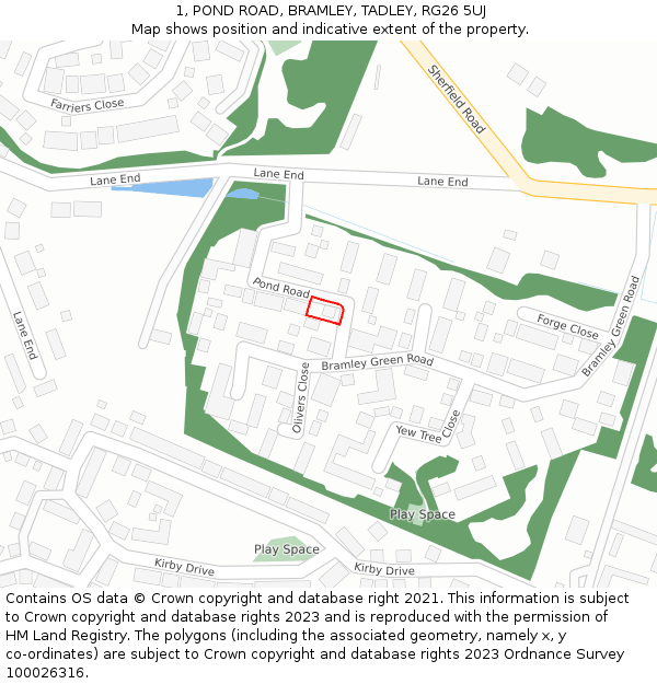 1, POND ROAD, BRAMLEY, TADLEY, RG26 5UJ: Location map and indicative extent of plot