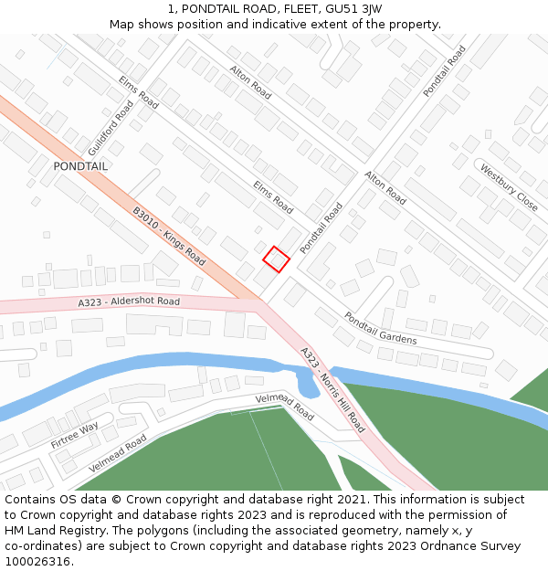 1, PONDTAIL ROAD, FLEET, GU51 3JW: Location map and indicative extent of plot