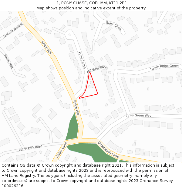 1, PONY CHASE, COBHAM, KT11 2PF: Location map and indicative extent of plot
