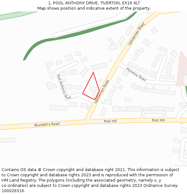1, POOL ANTHONY DRIVE, TIVERTON, EX16 4LT: Location map and indicative extent of plot