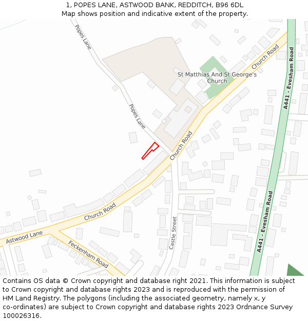 1, POPES LANE, ASTWOOD BANK, REDDITCH, B96 6DL: Location map and indicative extent of plot