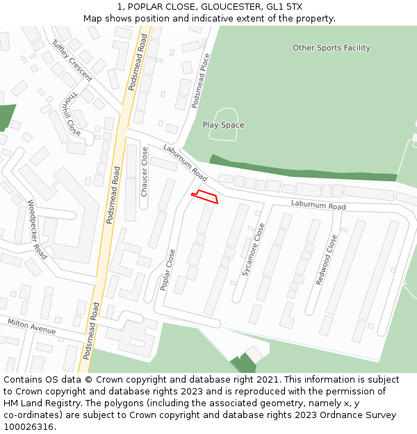 1, POPLAR CLOSE, GLOUCESTER, GL1 5TX: Location map and indicative extent of plot