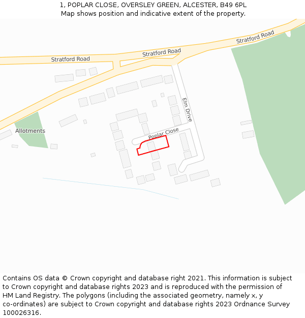 1, POPLAR CLOSE, OVERSLEY GREEN, ALCESTER, B49 6PL: Location map and indicative extent of plot