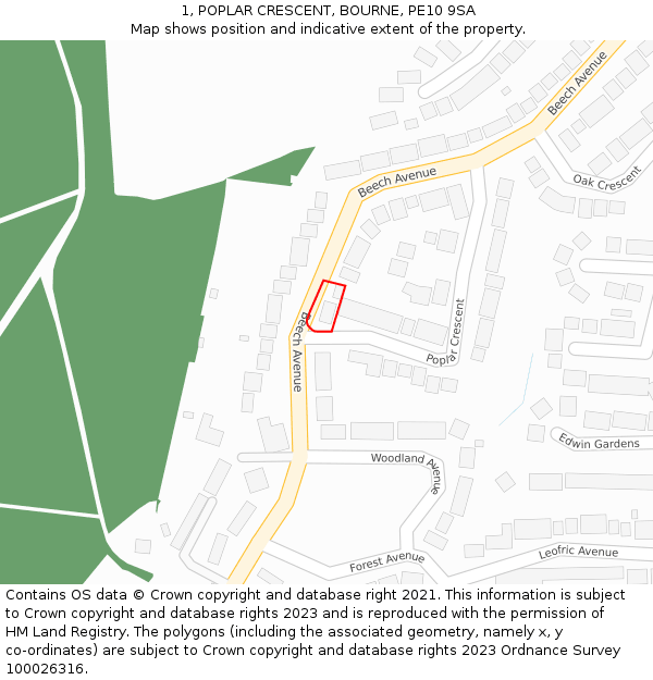 1, POPLAR CRESCENT, BOURNE, PE10 9SA: Location map and indicative extent of plot