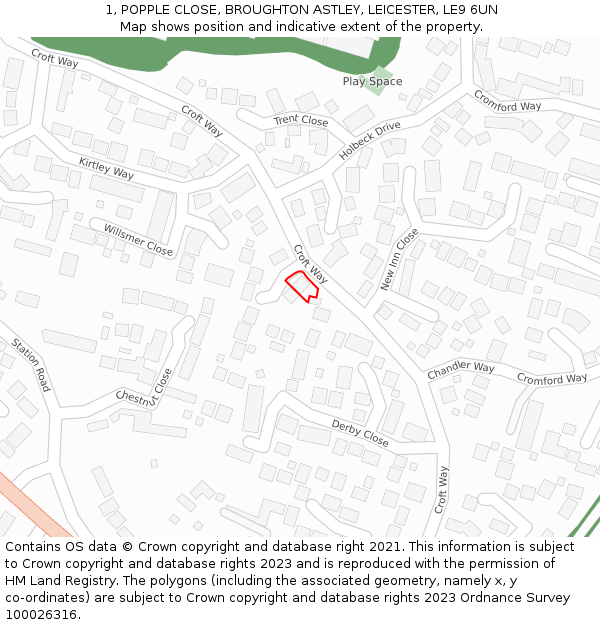 1, POPPLE CLOSE, BROUGHTON ASTLEY, LEICESTER, LE9 6UN: Location map and indicative extent of plot