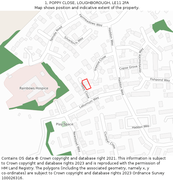 1, POPPY CLOSE, LOUGHBOROUGH, LE11 2FA: Location map and indicative extent of plot