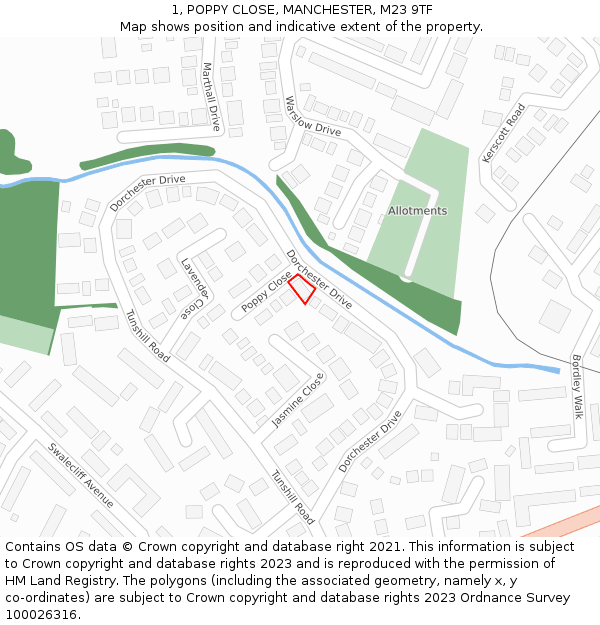 1, POPPY CLOSE, MANCHESTER, M23 9TF: Location map and indicative extent of plot