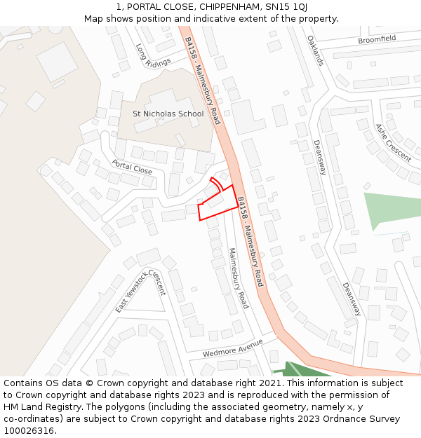 1, PORTAL CLOSE, CHIPPENHAM, SN15 1QJ: Location map and indicative extent of plot