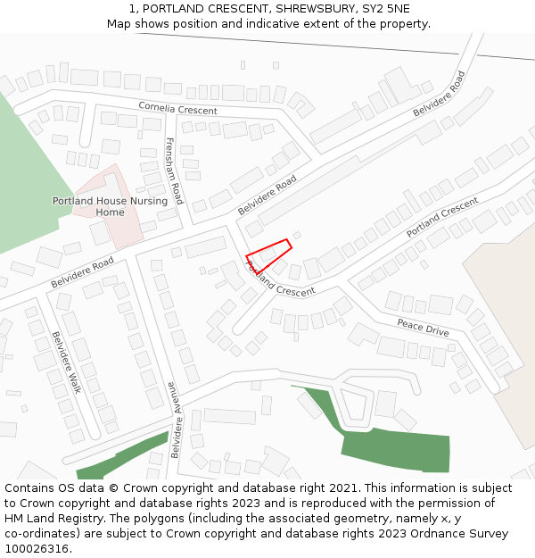 1, PORTLAND CRESCENT, SHREWSBURY, SY2 5NE: Location map and indicative extent of plot