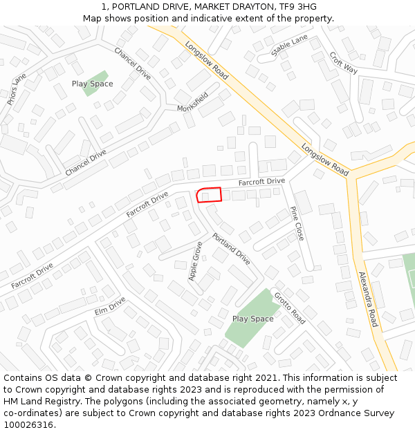 1, PORTLAND DRIVE, MARKET DRAYTON, TF9 3HG: Location map and indicative extent of plot