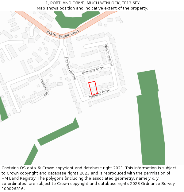 1, PORTLAND DRIVE, MUCH WENLOCK, TF13 6EY: Location map and indicative extent of plot