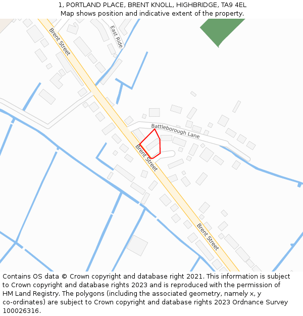 1, PORTLAND PLACE, BRENT KNOLL, HIGHBRIDGE, TA9 4EL: Location map and indicative extent of plot